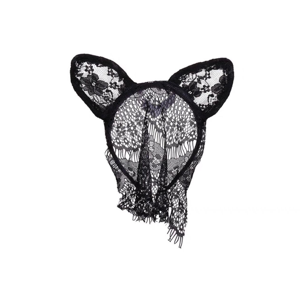 Lace Cat Ear Headband with Semi-Face Eye Mask and Mesh Face Cover, Red — detail image 3