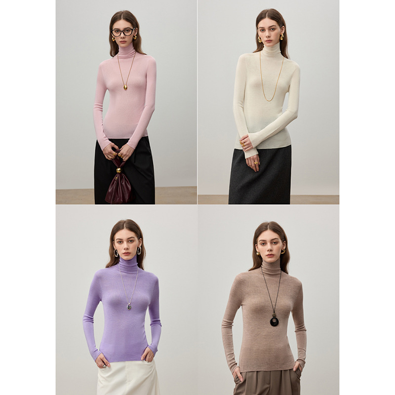 [120 Count German Yangtze] Machine Washable Anti-Shrink Island Fine 18-Needle Pile Collar Wool Knitted Bottoming Shirt for Women