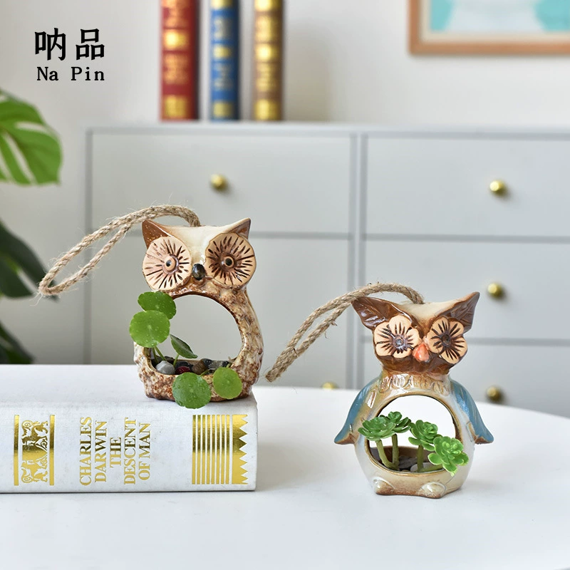 Na Pin Внешняя торговля Экспорт Керамический мясистый цветочный горшок Новый подвесной цветочный горшок с совой и животными Натуральный ветер Трансграничный