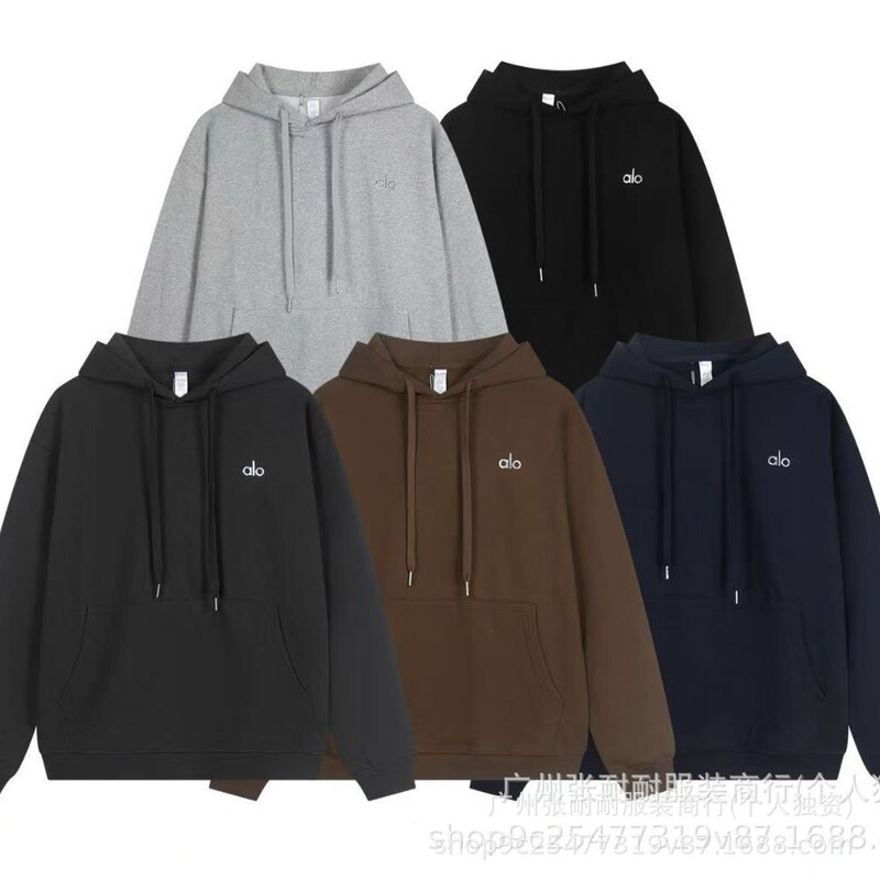 25 Autumn and Winter High Version New Alo Heavy Loose Hooded Pure Color High-Definition Drawstring Front Flap Pocket Pants Men's and Women's Sweatshirts