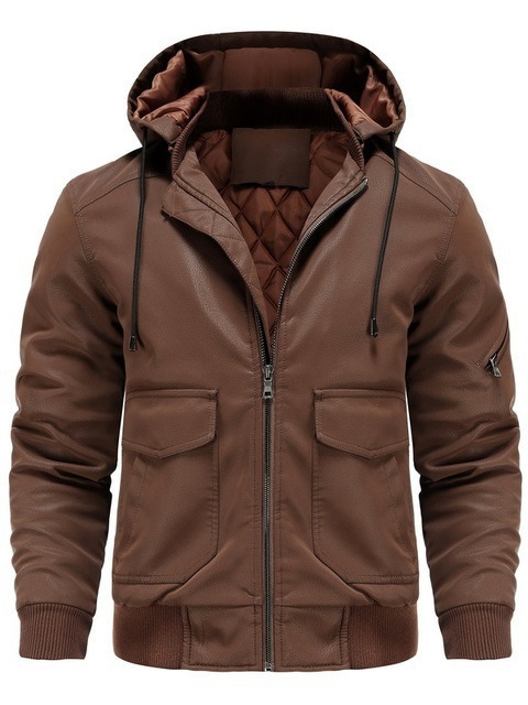 PU chaqueta de cuero de los hombres engrosada chaqueta de la motocicleta uniforme de béisbol ropa acolchada sombrero parka desmontable