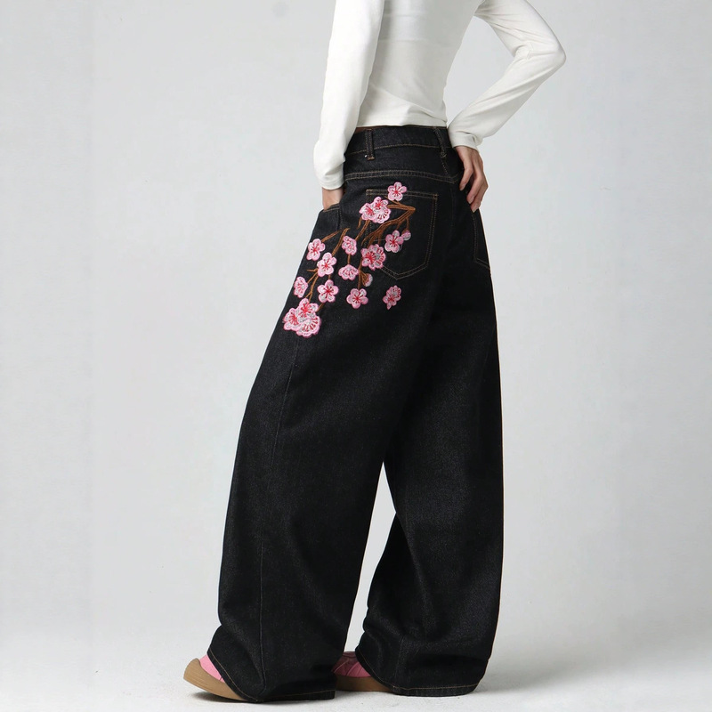 Wide-Leg Jeans for Women, High-Waisted, Loose-Fitting, Slimming Straight-Leg Floor-Length Pants, Cherry Blossom Embroidered Jeans for Women, Summer