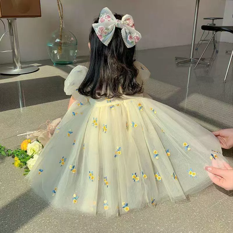 Платье, летняя одежда, маленький princess костюм для девушки, корейский стиль, с вышивкой, цветочный