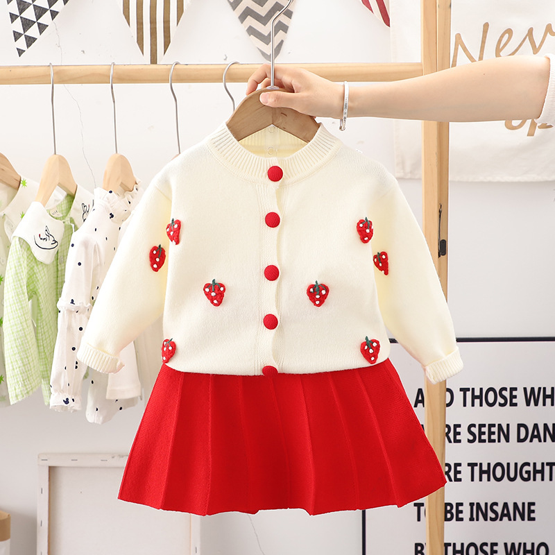New Autumn Knitted Set Girl's Cute Hooked Flower Woolen Dress Warm cardigan pleated skirt_voghion.com