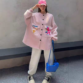 外贸单大码套装宽松休闲单排扣圆领卫衣束脚卡通卫裤懒惰风两件套