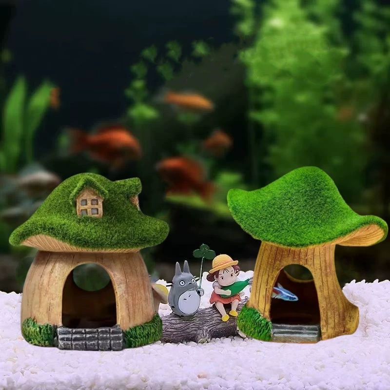 Моховой грибной домик для аквариума, ландшафтные украшения, мультяшный аквариум, сад из смолы, укрытие для рыб и креветок, поделки, украшения