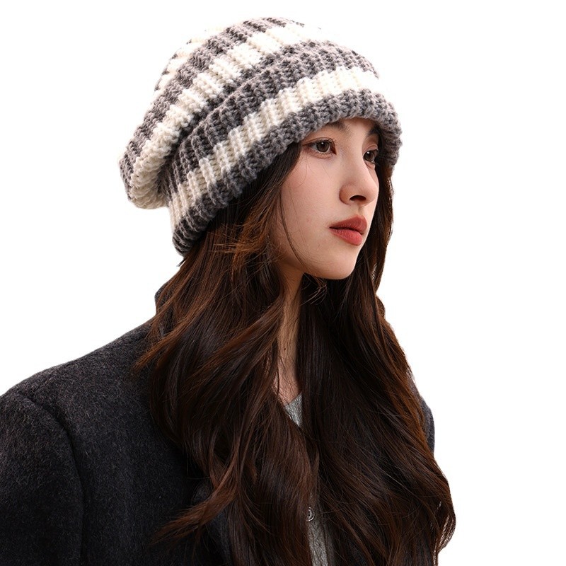 Cappello a sacco con viso a righe grande circonferenza della testa cappello di lana per le donne in autunno e inverno, viso piccolo, caldo lavorato a maglia freddo_voghion.com