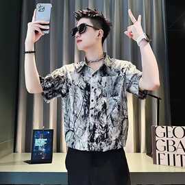 夏季冰丝男士痞帅花衬衫个性扎染潮酷短袖衬衣韩版休闲百搭上衣