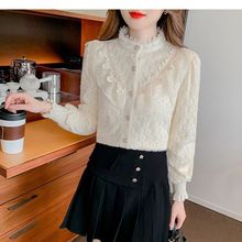 加绒2025秋冬新款法式女秋花边立领设计感小众气质上衣蕾丝衫