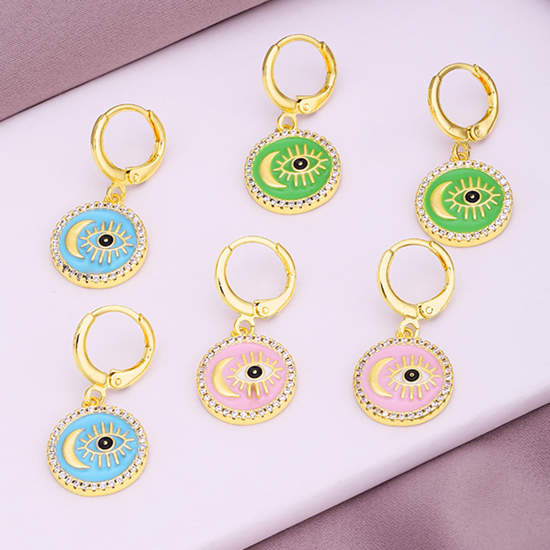 Fashion Inlaid Zircon Female Copper Plating 18k Real Gold Dripping Oil Evil Eyes Earrings display picture 2