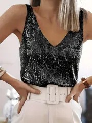 Cross-border European And American Shiny Tank New Women's Sequined Sleeveless Top, V-neck Sexy Base Shirt Top_ecoleips.com