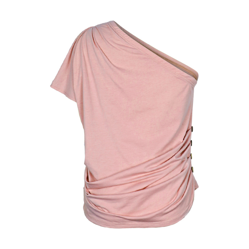 Pink Off-shoulder One-shoulder Casual T-Shirts_voghion.com