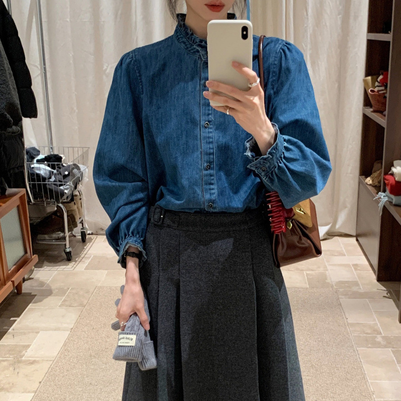 New autumn fashion YNVN Korean-style lace collar brushed denim shirt for women, unique design long-sleeve shirt