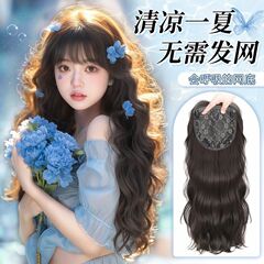 女性用フルヘッドウィッグ、ヘアネットは着用不要、ふわふわ、高頭頂、ロングカーリーヘア、ヘアネットは着用不要、人工毛ウィッグ