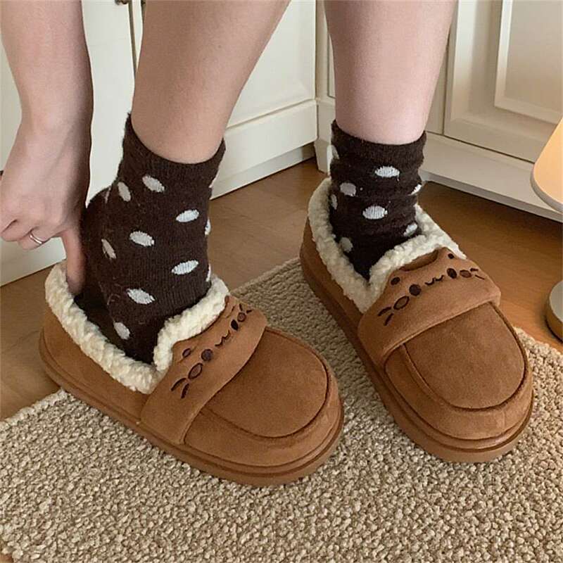 Women's Outer Wear Warm Thick-Soled Fleece-Lined Comfortable Loafers Cotton Slippers Winter Internet Celebrity Korean Cute Kitten Bread Shoes