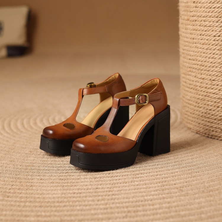 Sandal nữ đế xuồng platform gót vuông phong cách vintage khóa kim loại — màu nâu, màu đen chi tiết 46