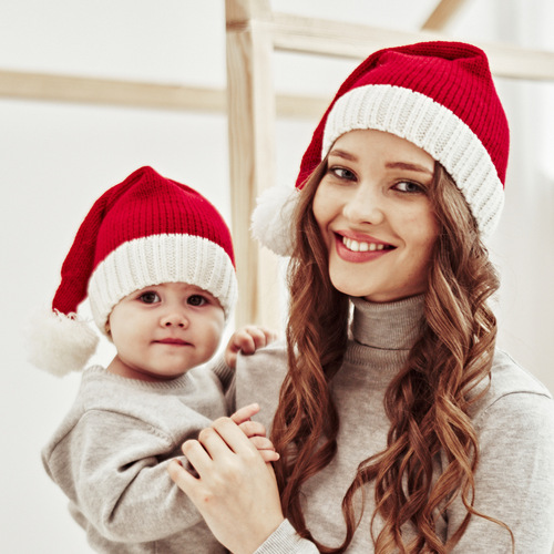厂家冬季毛球妈妈宝宝针织帽 跨境wish亚马逊新款圣诞保暖帽