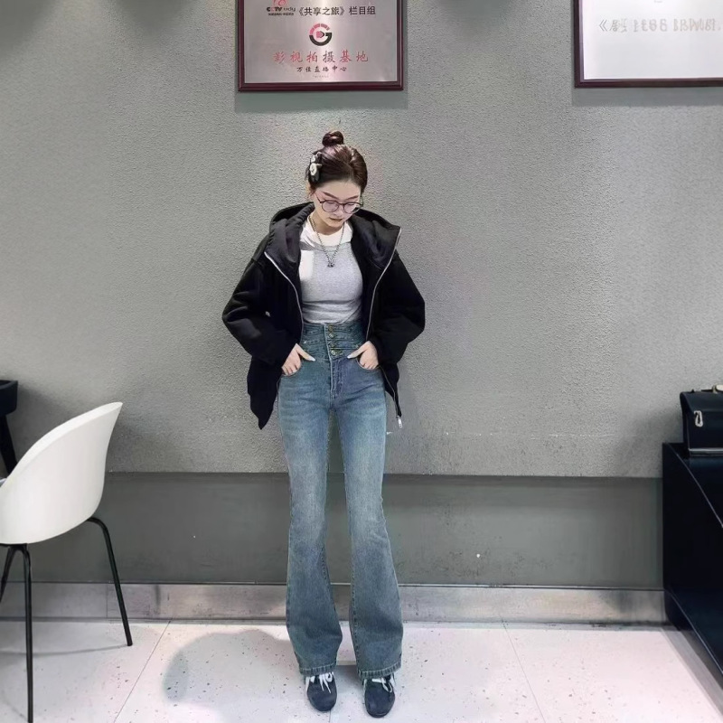 复古蓝微喇牛仔裤女秋季2025新款小个子高腰修身显瘦喇叭马蹄裤子|undefined