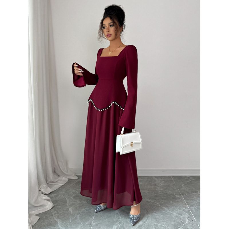 2025 Cross-Border Amazon European and American Elegant Simple Evening Dress Long-Sleeved High-End Long Skirt Dress Women's Autumn and Winter