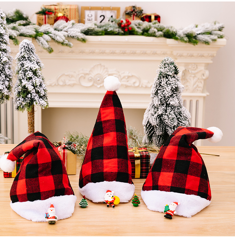 Christmas New Christmas Decoration Plush Edge Plaid Christmas Hat High-end Children's Red and Black Hat Adult Hat_voghion.com