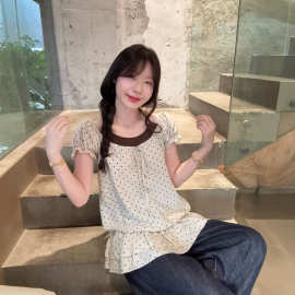 大码女装胖MM韩系波点一字肩两穿假两件荷叶边收腰显瘦上衣