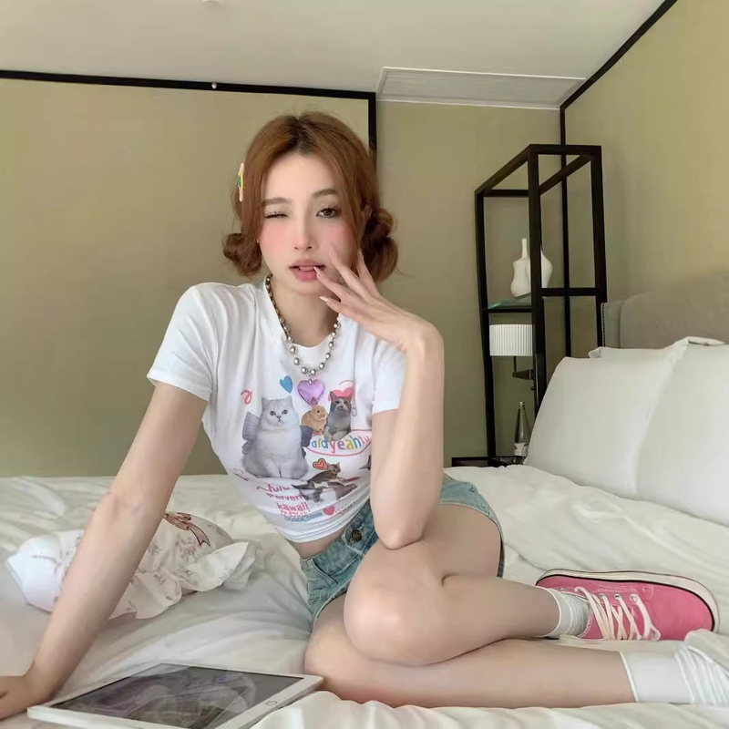 美式复古辣妹短袖T恤女2024夏修身显瘦高腰露脐短款猫咪印花上衣|undefined