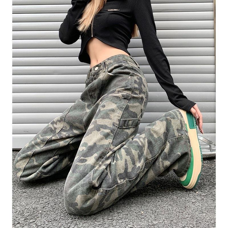 American-style hiphop Camouflage Overalls Women's Spring Loose Straight Jeans for Chubby Girls Slim Look High Waist Wide Leg Trendy Pants