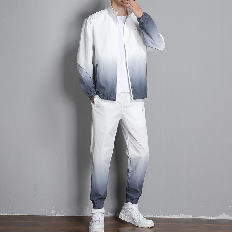 Primavera y otoño suéter de color gradiente ropa deportiva masculina primavera ropa de trabajo de moda abrigo de cuello de pie casual hombre conjunto de dos piezas transfronterizo