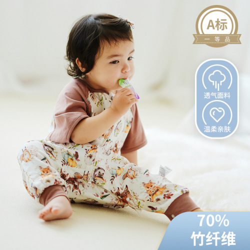 Ins bamboo cotton gauze front four back two belly protector short-sleeved children baby infant sleep sack air-conditioned room summer split leg sleep