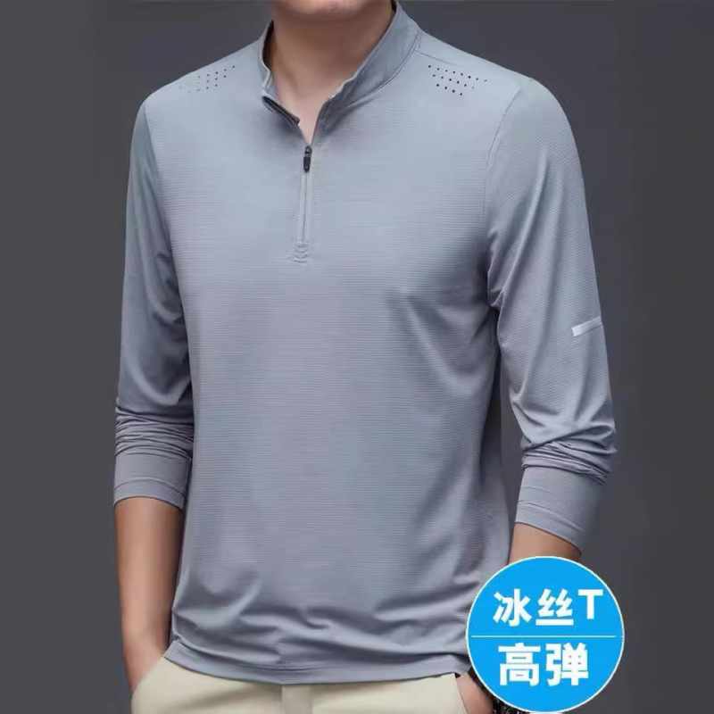 Summer Ice Silk Long-sleeved T-shirt Men's Vertical Collar Half-zipper Thin Sports Quick-drying Mesh Men's Breathable Sunscreen Clothes Summer Ice Silk Long-sleeved T-shirt Men's Vertical Collar Half-zipper Thin Sports Quick-drying Mesh Men's Breathable Sunscreen Clothes