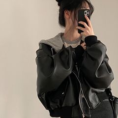 韩国chic秋冬小众复古拉链双口袋休闲宽松百搭假两件连帽皮衣外套