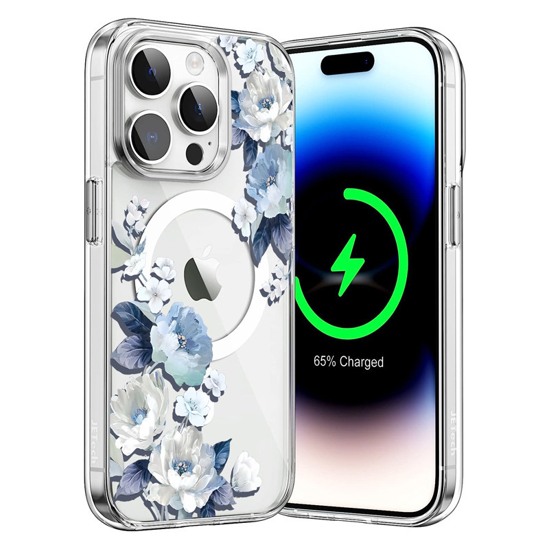 Transparent Magnetic Apple 17Pro Phone Case Suitable for Iphone14 Export Flower Design 16Promax Protective Case 15P