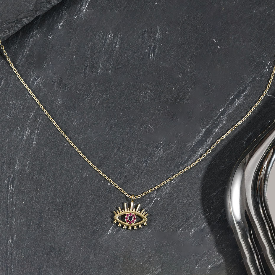 Pendentif en zircon micro incrusté d'œil bleu rouge du diable explosif plaqué avec chaîne de clavicule 14 carats Bijoux populaires_voghion.com