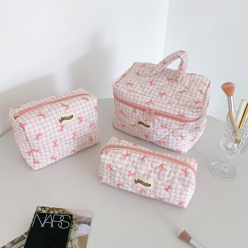 Ins Korean Style Cream Style Plaid Cosmetic Bag High Beauty Value Bow Wash Skin Care Storage Bag Handbag