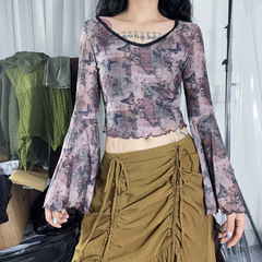 Q24TP022 American retro style butterfly printed mesh V-neck flared sleeve top for women ins niche design new style