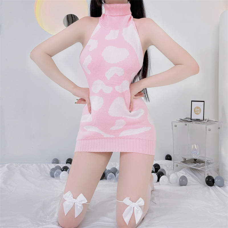 Japanese Girl's Cow Print Sexy Underwear Short Skirt Mid-length High Collar Backless Sweater Sexy Private Pajamas Japanese Girl's Cow Print Sexy Underwear Short Skirt Mid-length High Collar Backless Sweater Sexy Private Pajamas