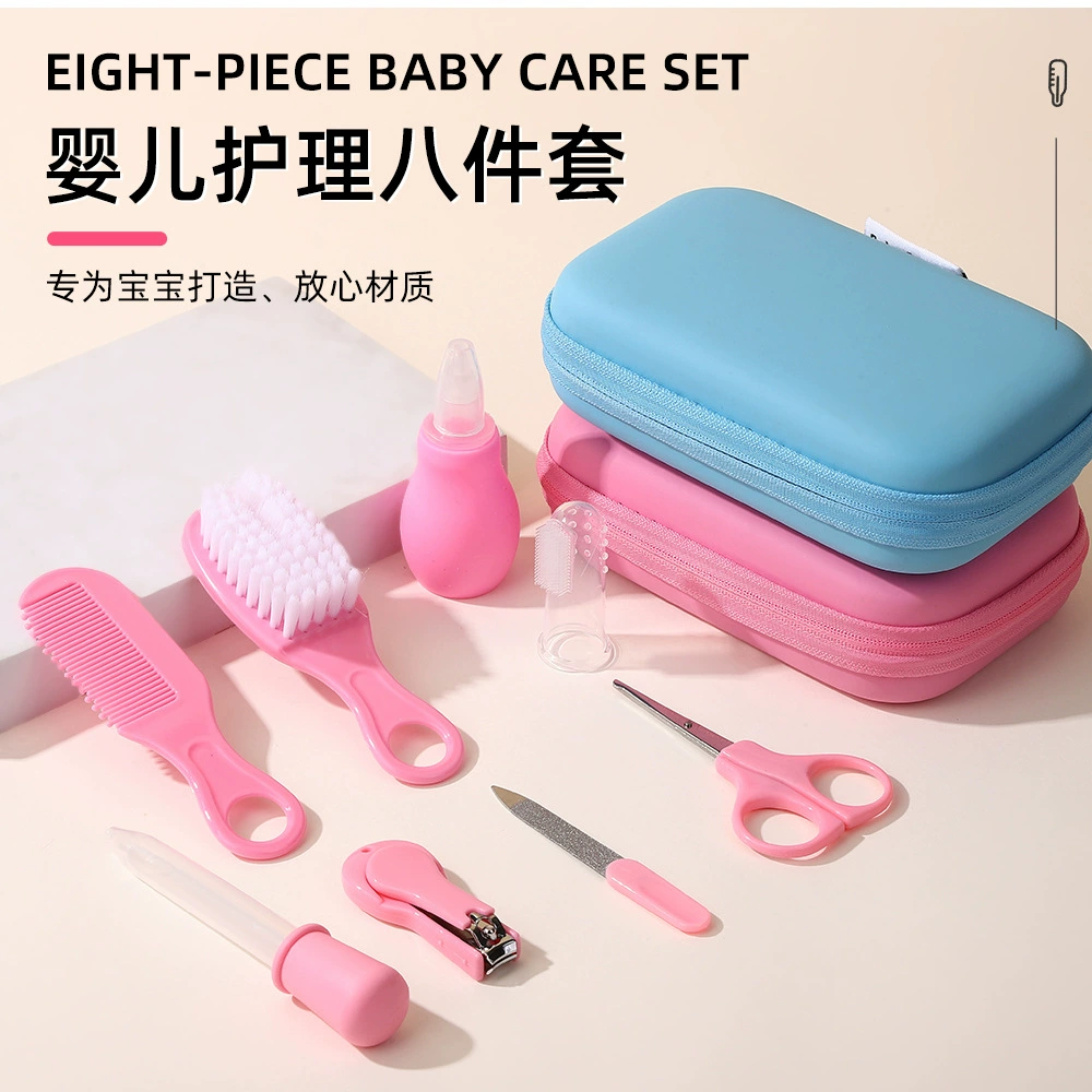 Набор для ухода за младенцами из 8 предметов: шампунь для новорожденных, массажная расческа с мягкой щетиной, антиколиковая пипетка для кормления и дозатор лекарств.