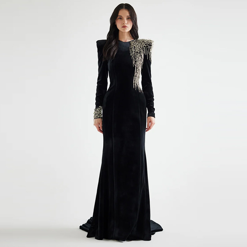 High-Quality In-Stock Evening Dress 2026 Celebrity Series Heavy Beading Acetate Velvet Long Train Gown Dress