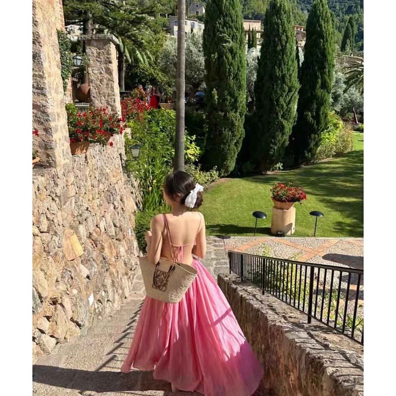 Sexy Backless Pink Dress for Seaside Vacation, Revealing Fairy-Like Back, Tie-Up Long Dress