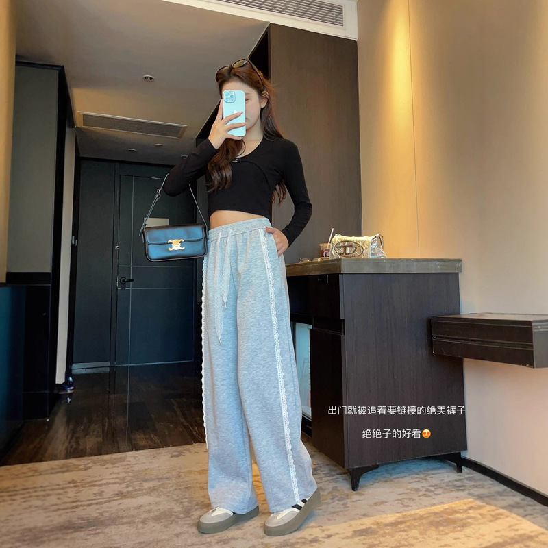 蕾丝花边弯刀裤女秋冬款高腰显瘦香蕉阔腿裤高级感休闲直筒运动裤|undefined