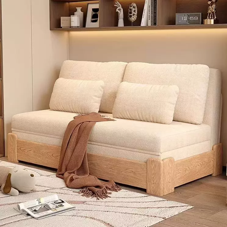 奶油风多功能实木沙发床一体两用可推拉折叠储物书房卧室客厅阳台