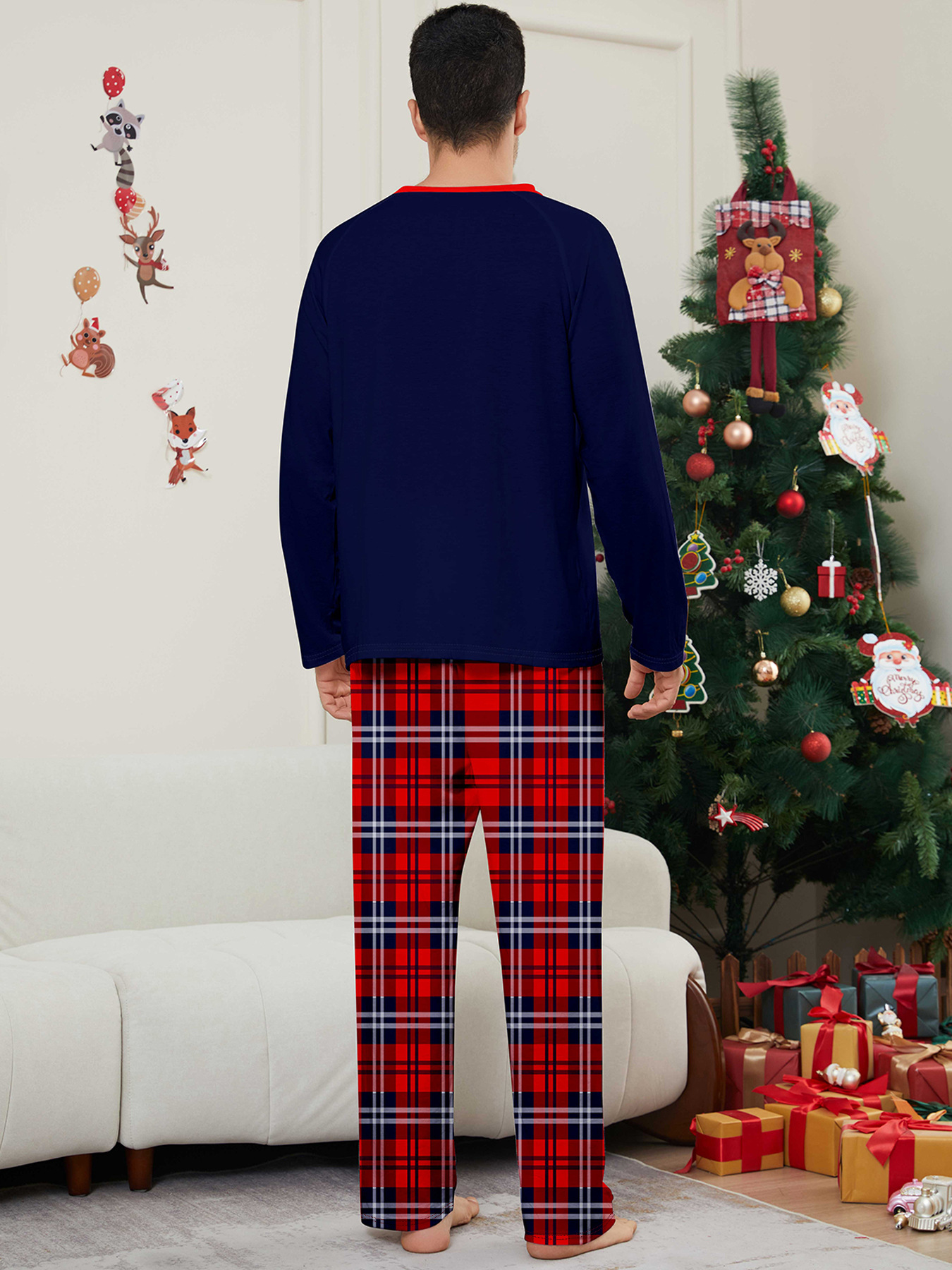Chapeau de Père Noël alphabet lumineux avec vêtements de famille de Noël imprimés vêtements de maison pyjamas_voghion.com