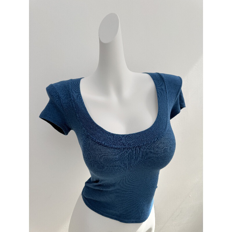 Skin-Brightening~ Whoever Wears It Will Love It. Sexy Large U-Neck, Big Bust, Slim Waist, Ribbed Short-Sleeve Top T-Shirt for Women in Summer