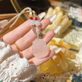 2025天然粉水晶九尾狐牌许愿狐吊坠项链定制狐狸粉水晶吊坠