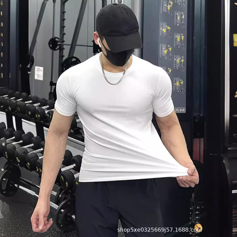 Lycra Ice Silk Cotton T-shirt Muscle Men's Tight High Stretch Short-sleeved Fitness Training Iron Sports Cool Quick-drying Clothes