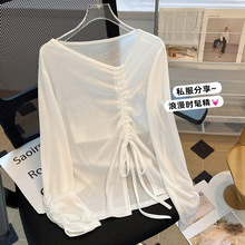微透长袖T恤防晒罩衫女夏季设计感小众别致抽绳收腰减龄薄款上衣