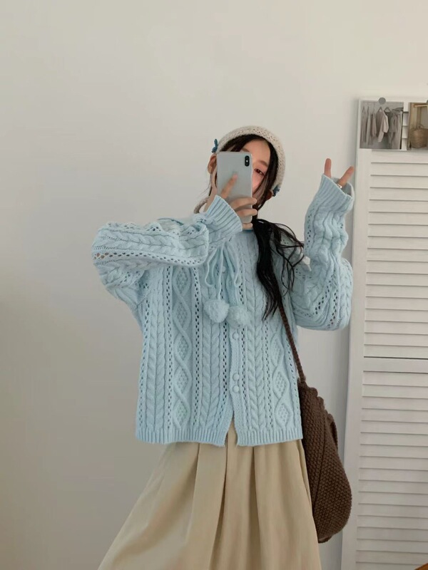 十三行韩系慵懒风软糯抽绳针织开衫女秋季洋气百搭显瘦毛衣上衣女|undefined