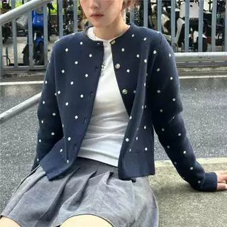 SAME OL藏青色新款复古波点满印毛衣针织开衫女外套百搭显瘦上衣