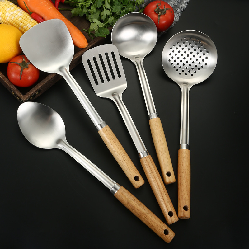 Espátula de acero inoxidable para cocinar en casa, espátula para freír, cuchara para freír, mango de madera maciza, cuchara para freír, colador de cocina engrosado, juego de utensilios de cocina