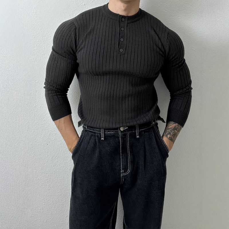Henry Collar Long-sleeved Sweater Men's Spring New American Style Muscle Men's Fitness All-match Slim-fit T-shirt